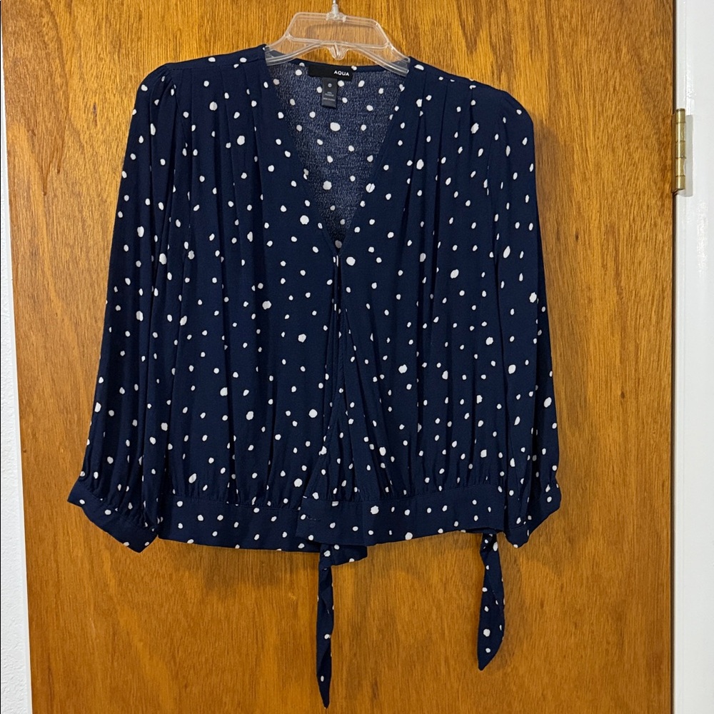 Aqua Navy Blouse with White Dots